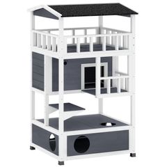 Wooden Cat House Den 3-Tier Outdoor Kitten Shelter Lodge w/ Tilted Roof Terrace Jump Step Bottom Tray Elevated Base Waterproof Paint 140 x 78 x 76cm Grey