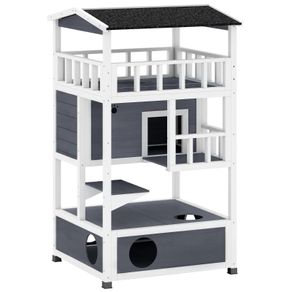Wooden Cat House Den 3-Tier Outdoor Kitten Shelter Lodge w/ Tilted Roof Terrace Jump Step Bottom Tray Elevated Base Waterproof Paint 140 x 78 x 76cm Grey