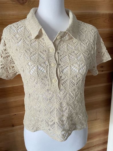 womens top blouse short sleeve crocheted Mango ecru size S brand new