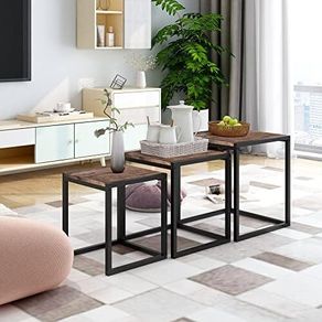 Nesting Tables Set of 3 Wooden Coffee Table, Stacking Side End Tables Steel Metal Frame, for Living Room, Black and Rustic Brown
