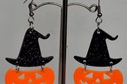 Glitter Witch Hat Jack O' Lantern Pumpkin Earrings