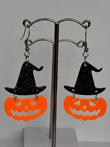 Glitter Witch Hat Jack O' Lantern Pumpkin Earrings