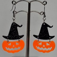 Glitter Witch Hat Jack O' Lantern Pumpkin Earrings