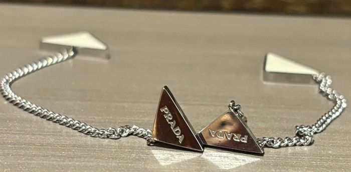 Prada Triangle Sterling Silver Chain Drop Earrings
