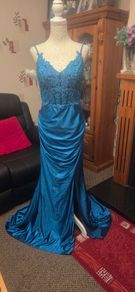 Teal Lace Mermaid Debs Dress Formal Evening Gown Side Split Maxi UK 12
