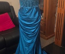 Teal Lace Mermaid Debs Dress Formal Evening Gown Side Split Maxi UK 12