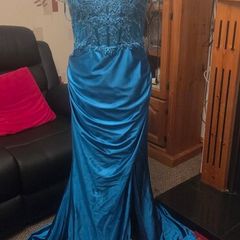 Teal Lace Mermaid Debs Dress Formal Evening Gown Side Split Maxi UK 12