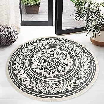 FREE P&P 4ft Circle Rug Round Area Rug Cotton Woven Rug with Tassels Boho Rug Washable Mandala Printed Carpet Indoor Floor Mat for Bedroom Living Room Kitchen