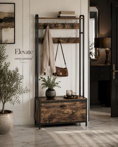 Industrial Hallway Coat Rack with Shoe Storage Bench and 9 Hooks