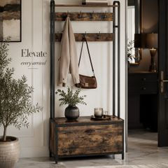 Industrial Hallway Coat Rack with Shoe Storage Bench and 9 Hooks