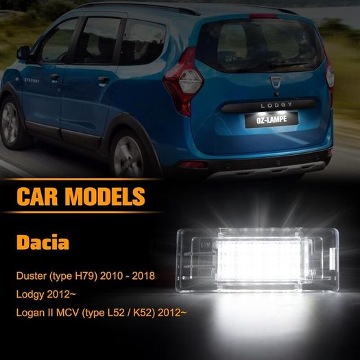 2PCS LED Number Plate Light for Dacia Duster (Type H79) Lodgy Logan II MCV (Type L52 / K52), 2835 SMD with CAN-bus Error Free Waterproof Rear