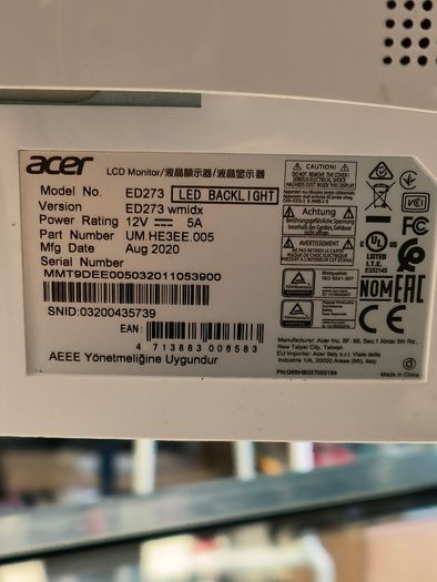 Acer ED273 wmidx 27" Full HD (1920 x 1080) Curved 1800R VA Monitor with AMD FREESYNC Technology - 4ms | 75Hz Refresh Rate | HDMI, DVI & VGA port (HDMI IS NOT WORKING)