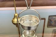 Unusual Antique Silver Plate Table Tea Strainer with Drip Bowl 1900s