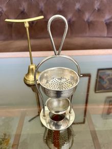 Unusual Antique Silver Plate Table Tea Strainer with Drip Bowl 1900s