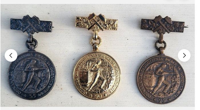 Full set of Polish PRL Mining Medals Badges Lot 25 35 50 Years Service Coal Miner Awards