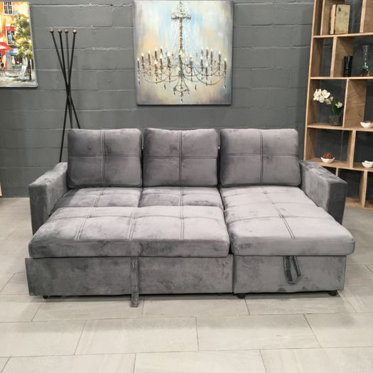 Grey velvet Corner Sofa Bed with Storage 215cm