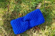 Handmade crochet warm knot twisted headband, blue wooly ear warmer