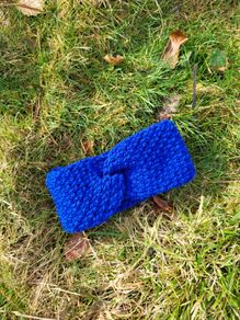 Handmade crochet warm knot twisted headband, blue wooly ear warmer