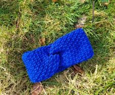 Handmade crochet warm knot twisted headband, blue wooly ear warmer