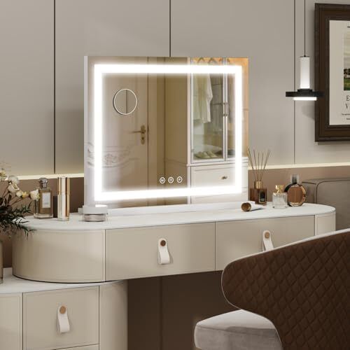 Lighted Vanity Mirror - 62x52cm Large Makeup Mirror with 3 Color Modes, Dimmable Brightness, Smart Touch, Memory Function, Wall Mounted/Tabletop, Metal Frame, USB Port for Bedroom