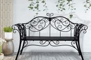 Black 2-Seater Garden Bench, Wrought Iron Frame with Decorative Cast Aluminium Backrest, Outdoor Patio &amp; Porch Seating, 250kg Capacity