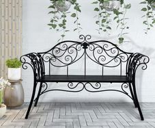 Black 2-Seater Garden Bench, Wrought Iron Frame with Decorative Cast Aluminium Backrest, Outdoor Patio & Porch Seating, 250kg Capacity