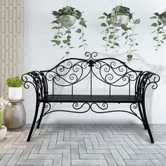 Black 2-Seater Garden Bench, Wrought Iron Frame with Decorative Cast Aluminium Backrest, Outdoor Patio & Porch Seating, 250kg Capacity