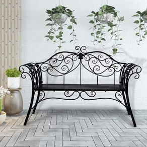 Black 2-Seater Garden Bench, Wrought Iron Frame with Decorative Cast Aluminium Backrest, Outdoor Patio & Porch Seating, 250kg Capacity