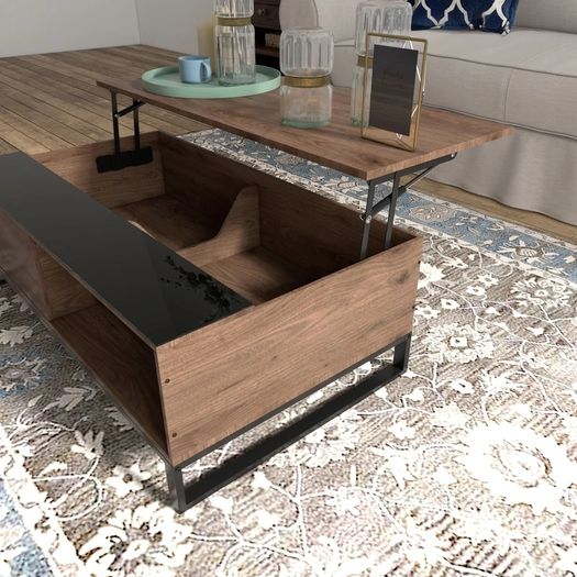 Side table with lift function, hidden storage compartment, walnut wood-effect, steel frame, 102 x 58 x 35.5 cm