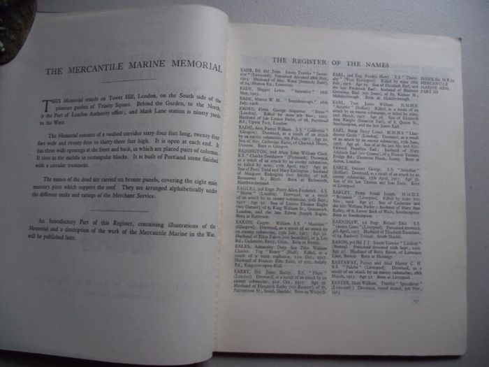 Memorial Register of The Mercantile Marine Memorial Tower Hill, London 1928 - Complete