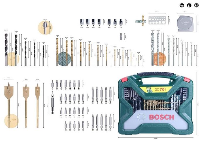 Bosch 70-Pieces X-Line Titanium Drill and Screwdriver Bit Set (for Wood, Masonry and Metal, Accessories Drills)