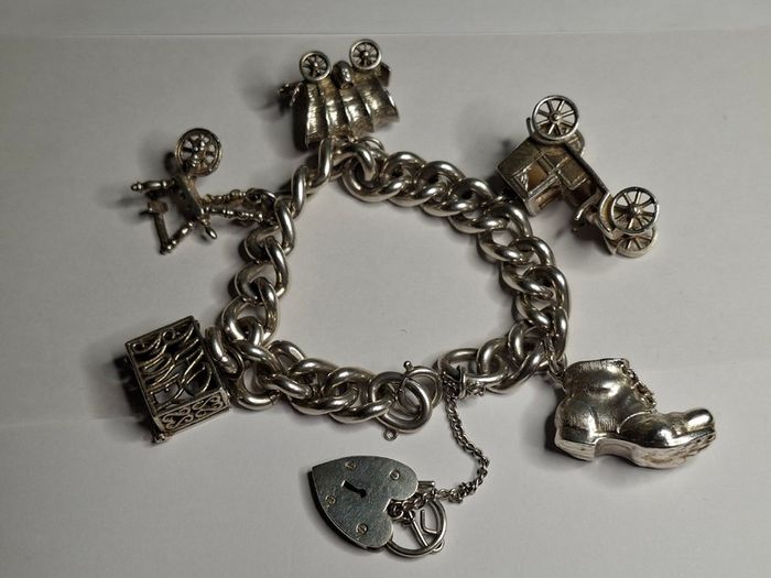 Vintage Sterling Silver Charm Bracelet, Movable Charms