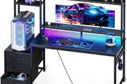 Gaming Desk with Drawers &amp; Display Shelves, 138/48 cm Computer Desk with LED Lights &amp; Sockets, Reversible PC Gaming Table with Monitor Stand, Carbon Fiber Black