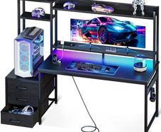 Gaming Desk with Drawers & Display Shelves, 138/48 cm Computer Desk with LED Lights & Sockets, Reversible PC Gaming Table with Monitor Stand, Carbon Fiber Black