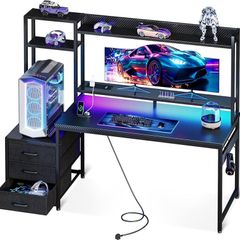 Gaming Desk with Drawers & Display Shelves, 138/48 cm Computer Desk with LED Lights & Sockets, Reversible PC Gaming Table with Monitor Stand, Carbon Fiber Black
