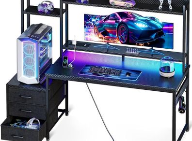 Gaming Desk with Drawers & Display Shelves, 138/48 cm Computer Desk with LED Lights & Sockets, Reversible PC Gaming Table with Monitor Stand, Carbon Fiber Black