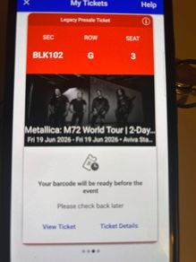 Metallica M72 Dublin two Seating Tickets for both shows