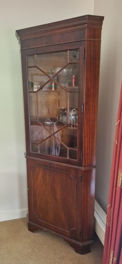 mahogany coffee table and 6 chairs, corner cabinet , 3 crystal bowls
