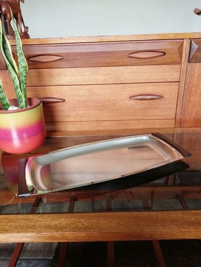 Vintage DKF Lundtofte Danish Stainless Steel Serving Dish Teak Handles