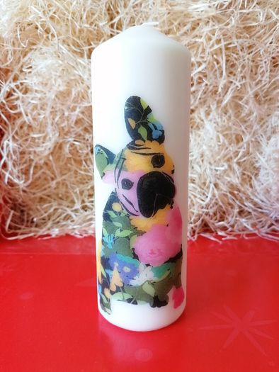 Large brand new unscented ivory decorative pillar candle french bulldog spring birthday new home gift