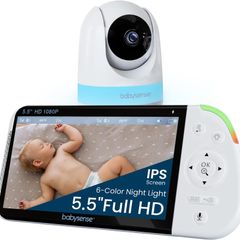 Babysense Full HD Split-Screen Baby Monitor with 1 PTZ Camera, Two-Way Talk, 6-Color Night Light, 5000mAh Battery, Long Range, 4x Zoom, and Crystal-Clear Audio