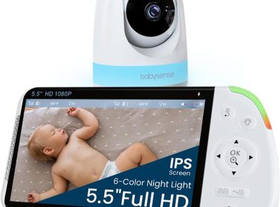 Babysense Full HD Split-Screen Baby Monitor with 1 PTZ Camera, Two-Way Talk, 6-Color Night Light, 5000mAh Battery, Long Range, 4x Zoom, and Crystal-Clear Audio