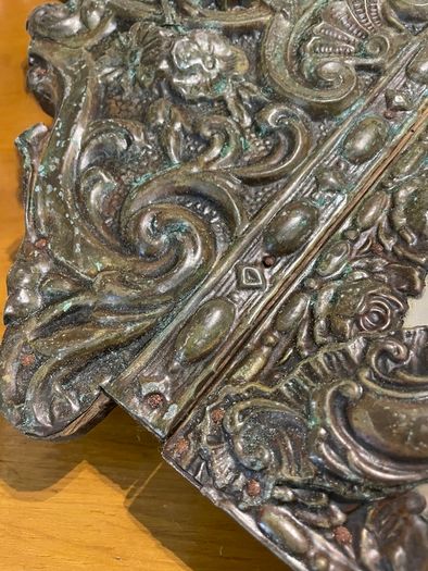 Antique Ornate Dutch Brass Repousse Cushion Wall Mirror Bevelled Glass
