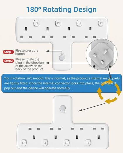 Multi Plug Adopter, Plug Extension with Independent Switches, 4 Way Plug Adapter UK Built-in Surge Protector, 4 in 1 Wall Socket Plug Extender with 180 Degree Rotation Button