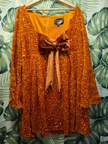 BNWT Waxpoetic Clothing Mini Dress in Pumpkin orange velvet sequin with bow