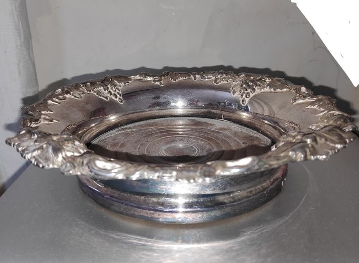 Antique silver plated  wine bottle coaster with wooden base