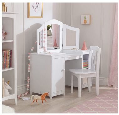 Wooden Vanity and Chair with Mirror and Storage Kids Children's Playroom/Bedroom Furniture