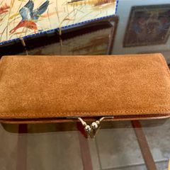 Vintage Long Brown Suede Leather Kiss Lock Coin Purse or Small Clutch Wallet