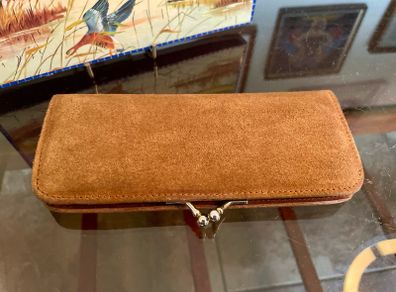 Vintage Long Brown Suede Leather Kiss Lock Coin Purse or Small Clutch Wallet