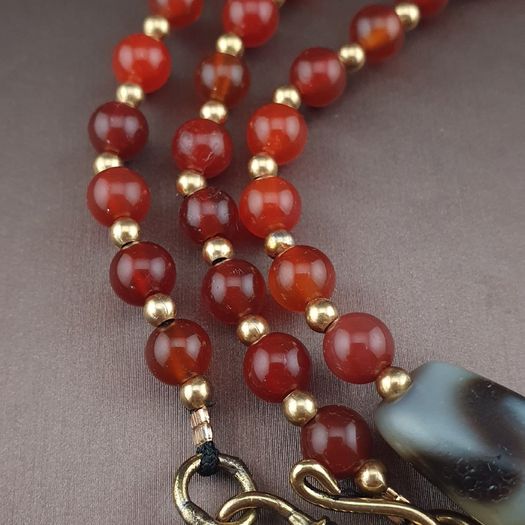 Antique Zigzag Tibetan Agate Pendant With Carnelian Beads Necklace